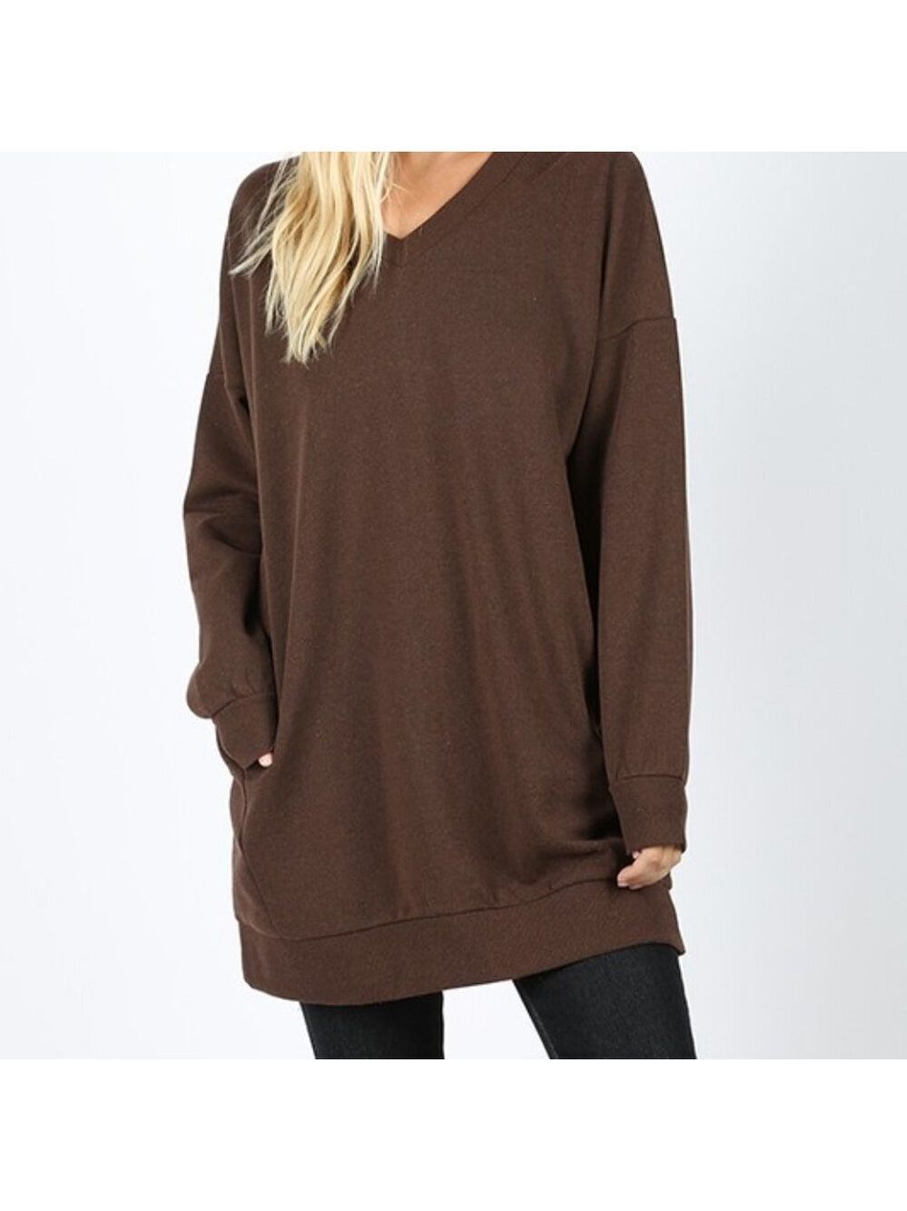 ZENANA Cotton Blend Brown Sweatshirt With Side Pockets Size Medium NWT